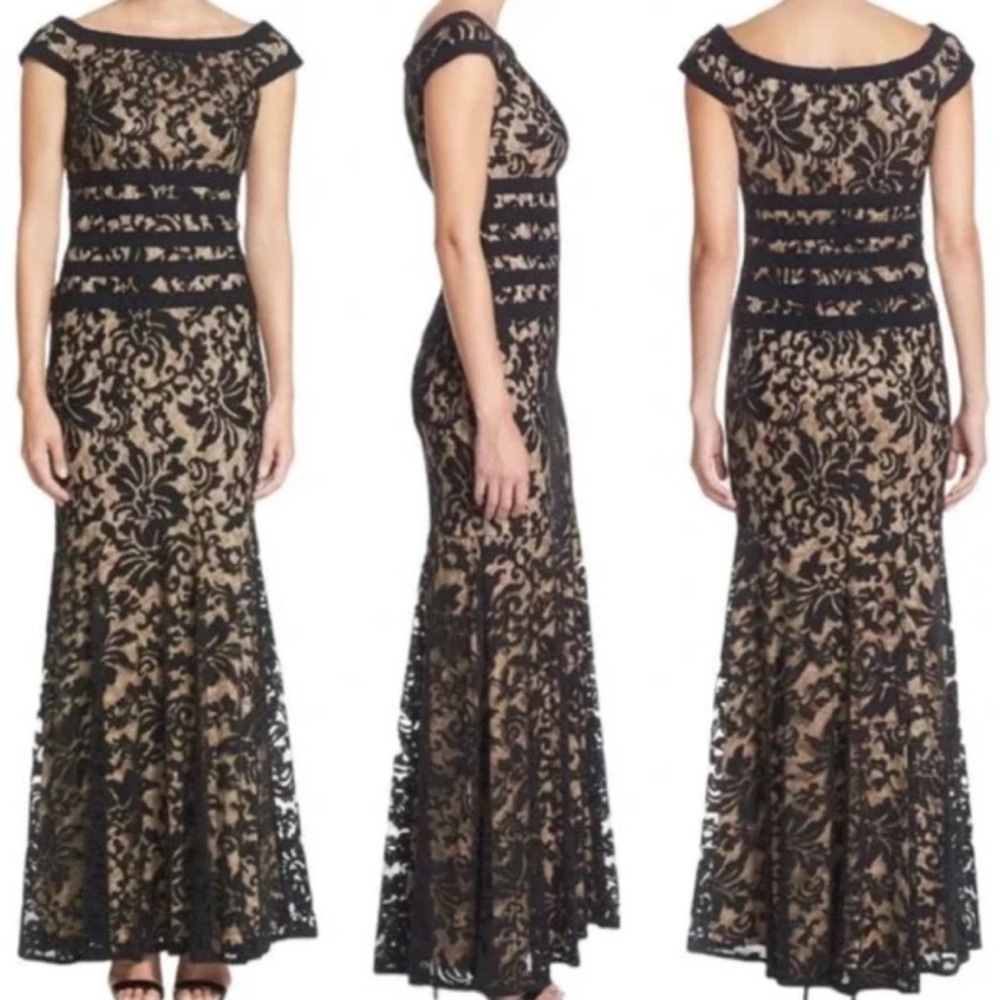 Tadashi Shoji Black Lace and velvet contrast trim formal maxi dress, size 14